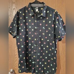 Men's Black Casual Button Down Shirt with Colorful Icons